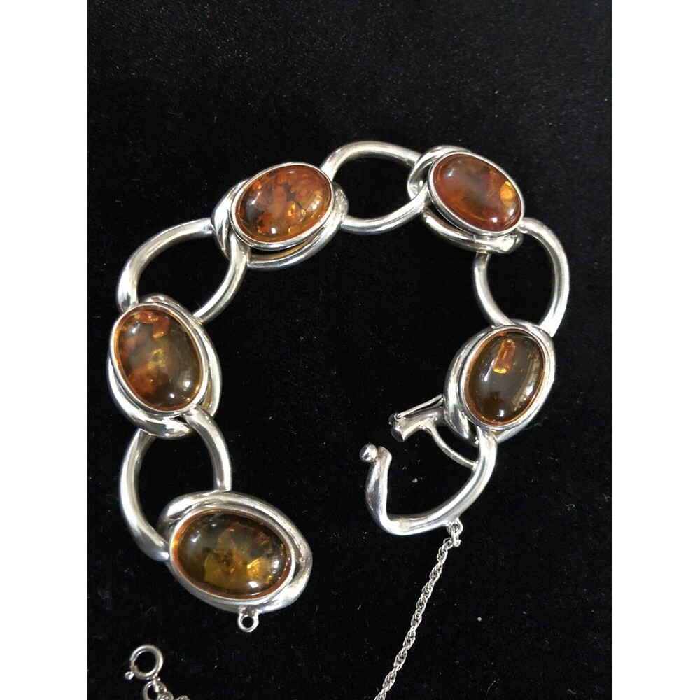Vintage Rare Sterling Silver Bracelet 925 8” Honey Amber Oval Links Safety Chain